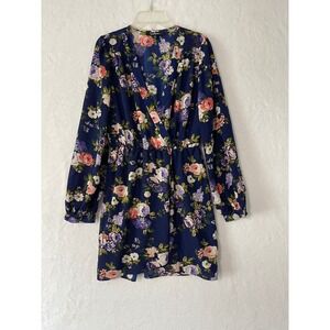 Lulus That's a Wrap Navy Blue Floral Mini  Dress Long Sleeve Wrap Womens Medium
